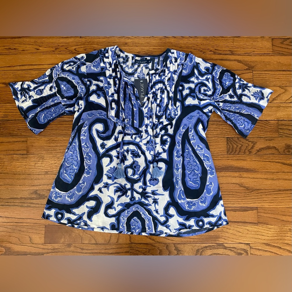 La Plage Celerie Vintage Paisley Blue White Tassel Tie Neck Top Blouse Sz XS NWT - Picture 2 of 8